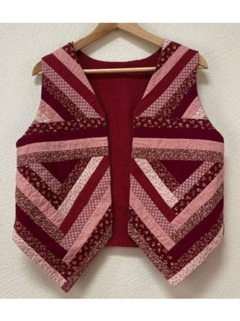 Quilted Red Maroon Pink Floral Prints Open Vest Handmade Sz S/M